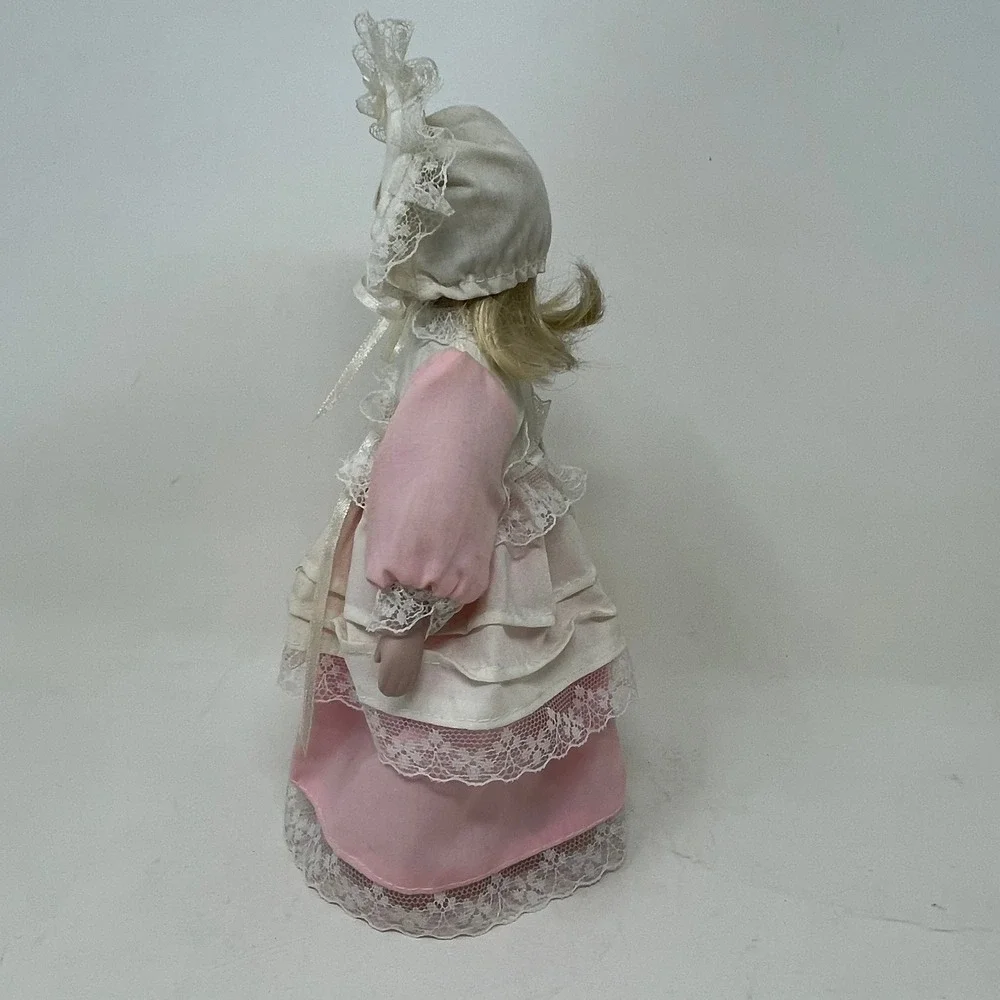 Vintage Porcelain Doll Pink Lace Victorian Dress Blonde Hair Collectible 9 Inch